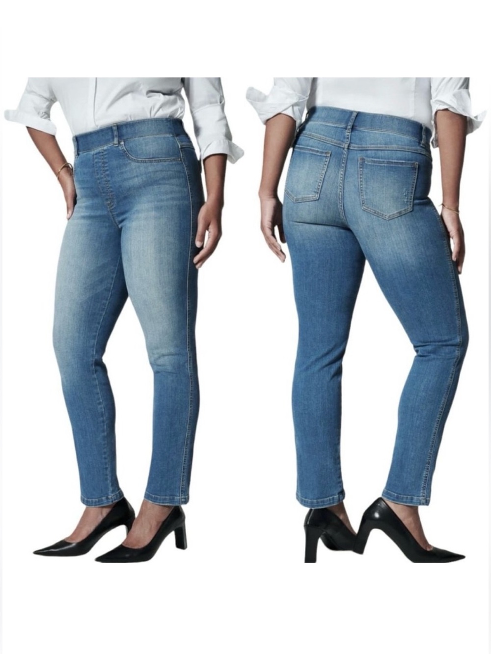 Spanx Pull On Ankle Straight Shaping Jeans in Vintage Indigo. Size 1X Petite.
